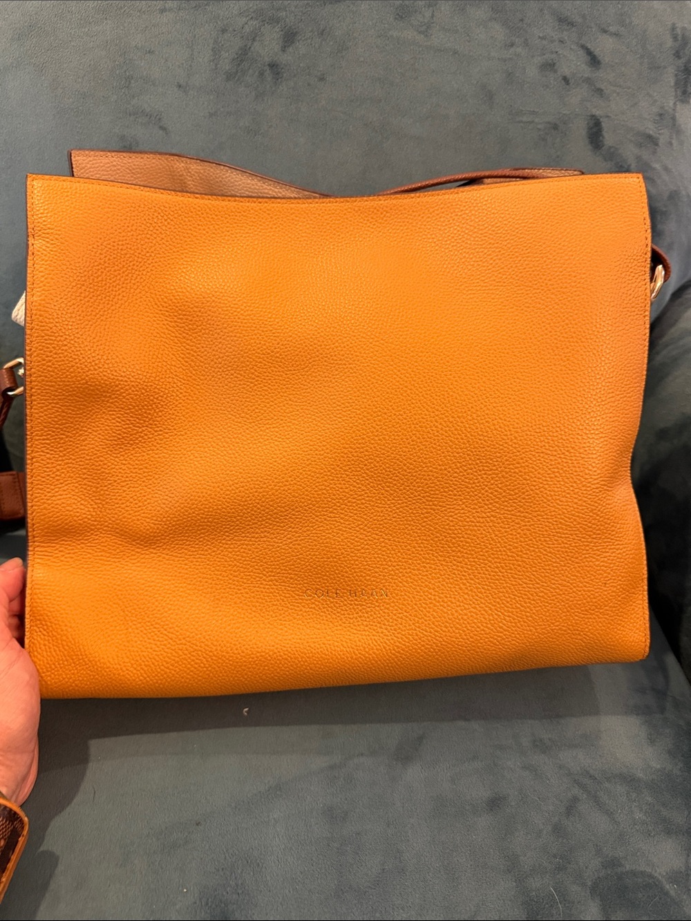 Cole Haan Pebbled Leather Shoulder Bag in Mustard Yellow with Brown Strap - Picture 3 of 7